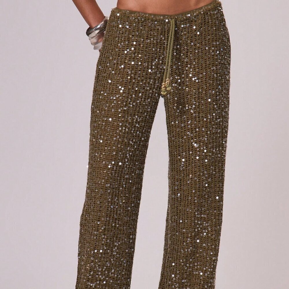 Olive Green Boho Women's Resort Knit with sequin pants - Picture 2 of 8